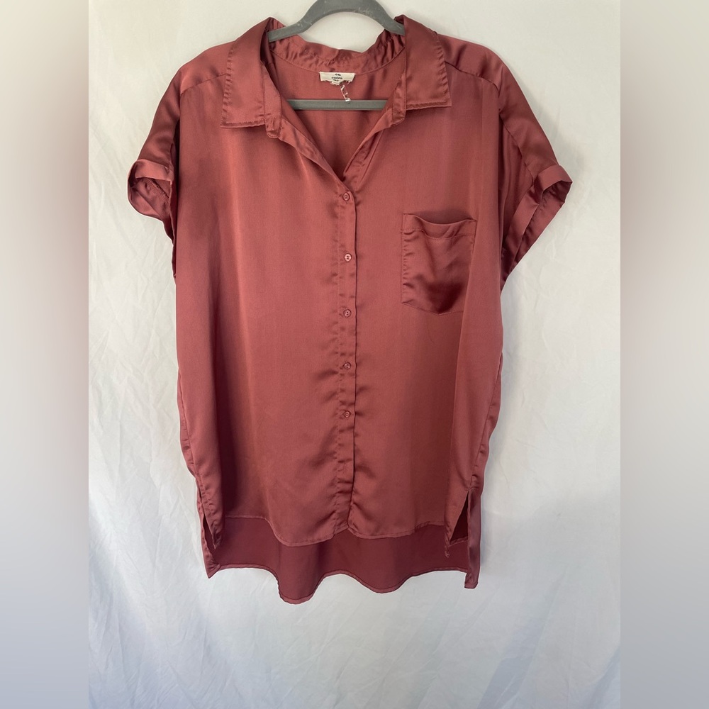 Entro Satin Button-Down Shirt - Deep Rose Rust Mauve NWOT